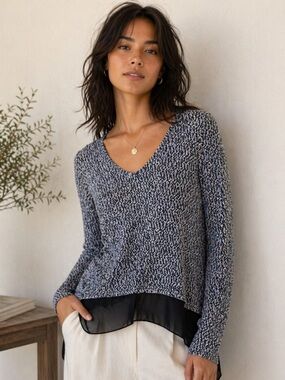 CLEO Petites Blue Salt&Pepper Knit V Neck Long Sleeve Chiffon Bottom Sweater L